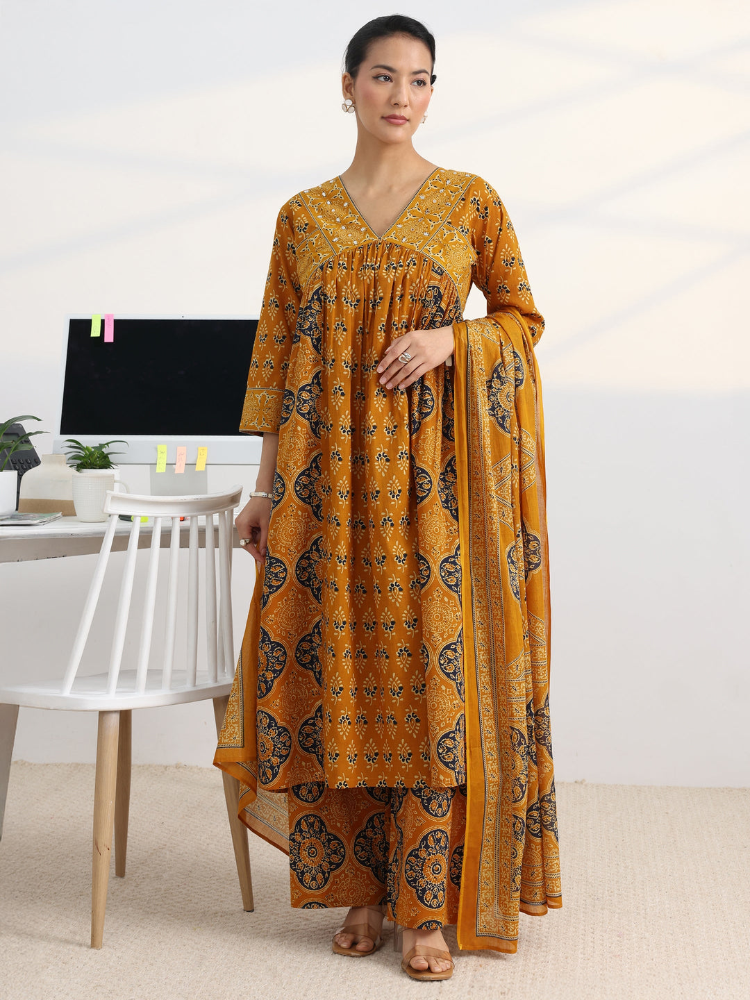 Mustard Printed Cotton Blend A-Line Suit Set With Dupatta
