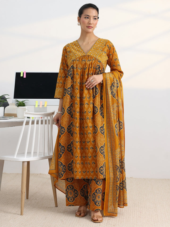 Mustard Printed Cotton Blend A-Line Suit Set With Dupatta