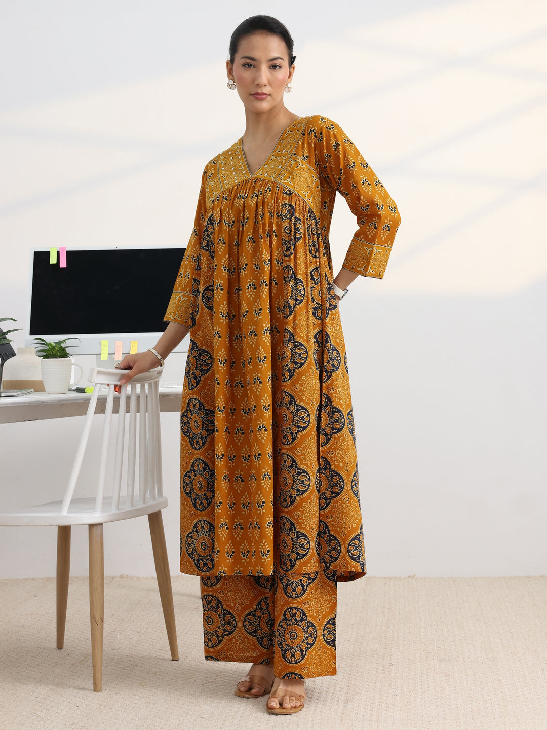 Mustard Printed Cotton Blend A-Line Suit Set With Dupatta