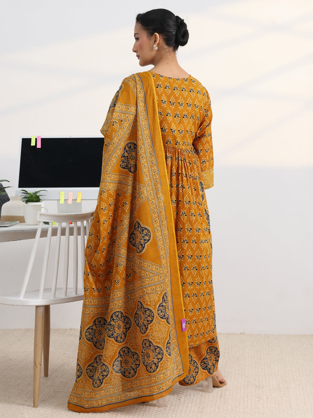 Mustard Printed Cotton Blend A-Line Suit Set With Dupatta