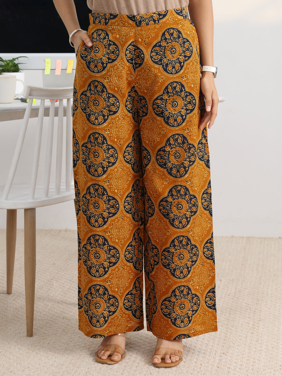 Mustard Printed Cotton Blend A-Line Suit Set With Dupatta