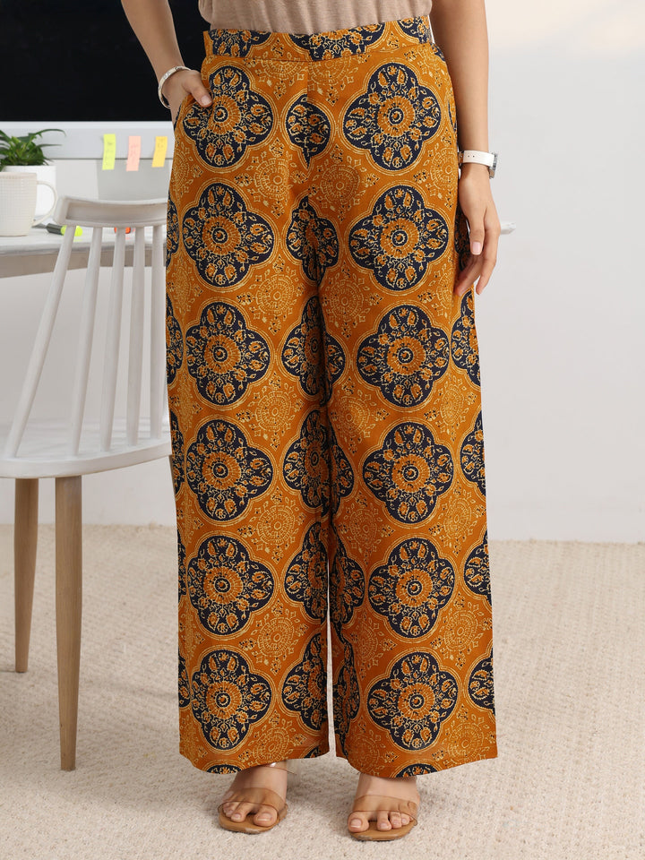 Mustard Printed Cotton Blend A-Line Suit Set With Dupatta