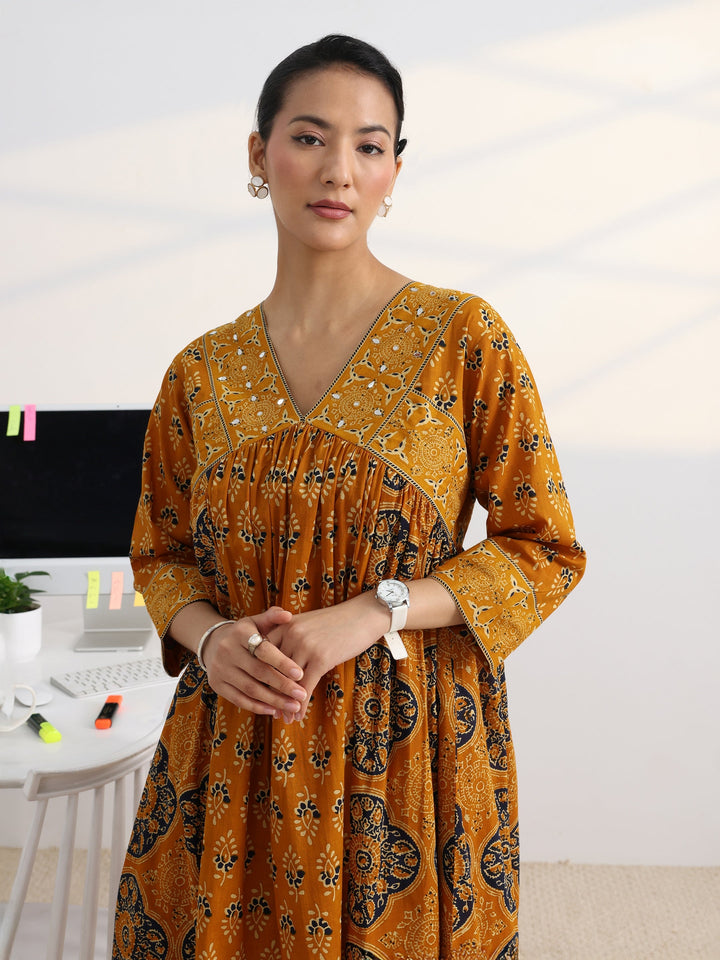 Mustard Printed Cotton Blend A-Line Suit Set With Dupatta