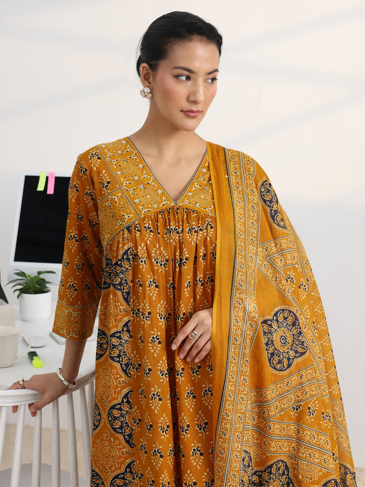 Mustard Printed Cotton Blend A-Line Suit Set With Dupatta