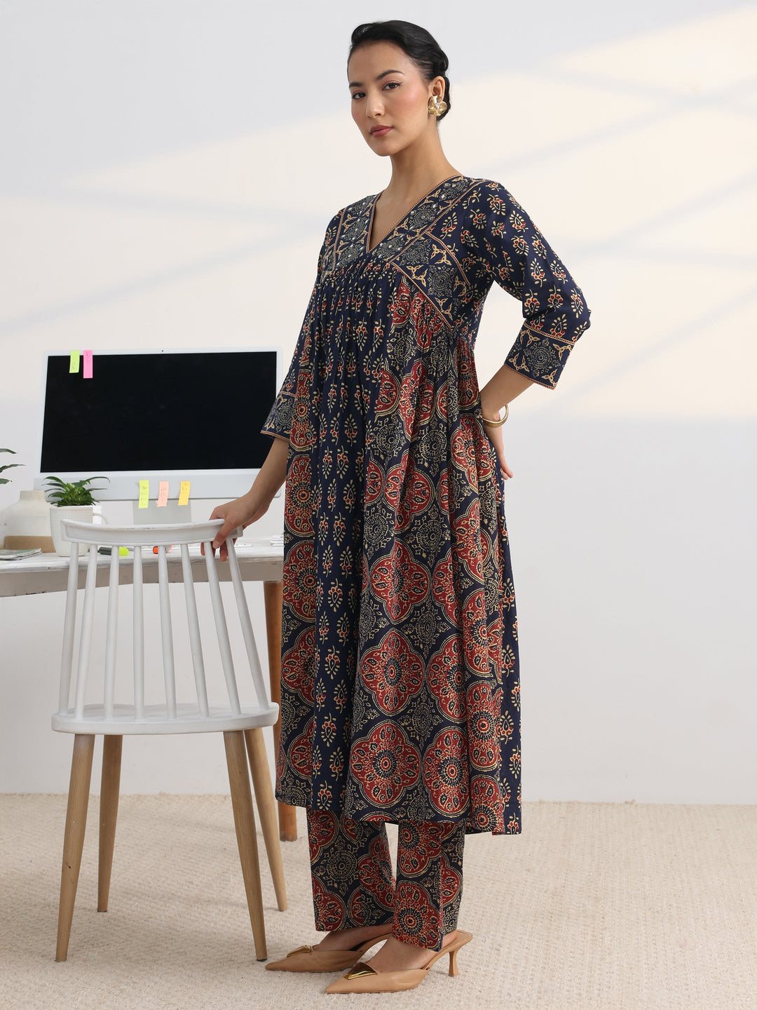 Blue Printed Cotton Blend A-Line Suit Set With Dupatta