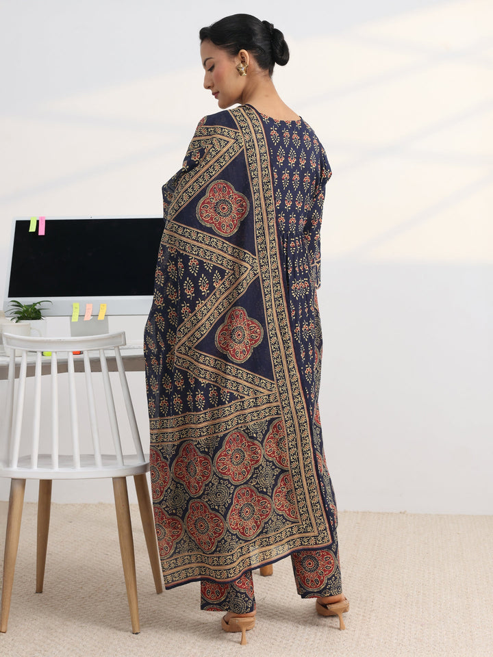 Blue Printed Cotton Blend A-Line Suit Set With Dupatta