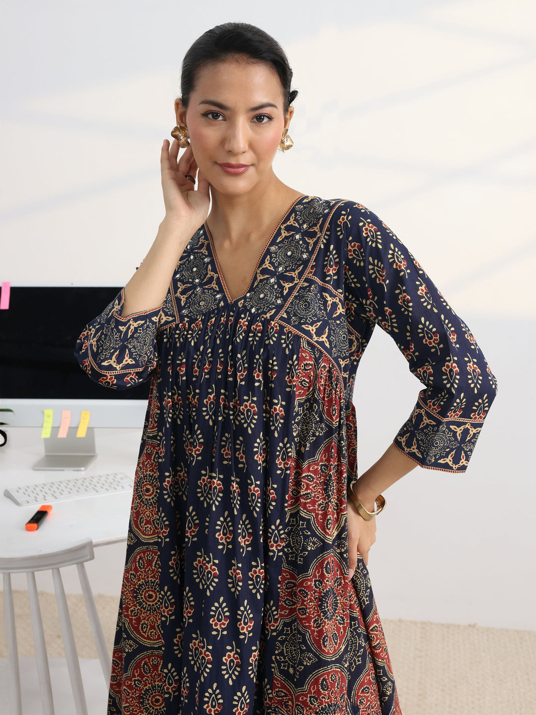 Blue Printed Cotton Blend A-Line Suit Set With Dupatta