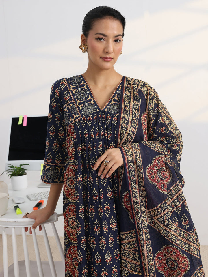 Blue Printed Cotton Blend A-Line Suit Set With Dupatta