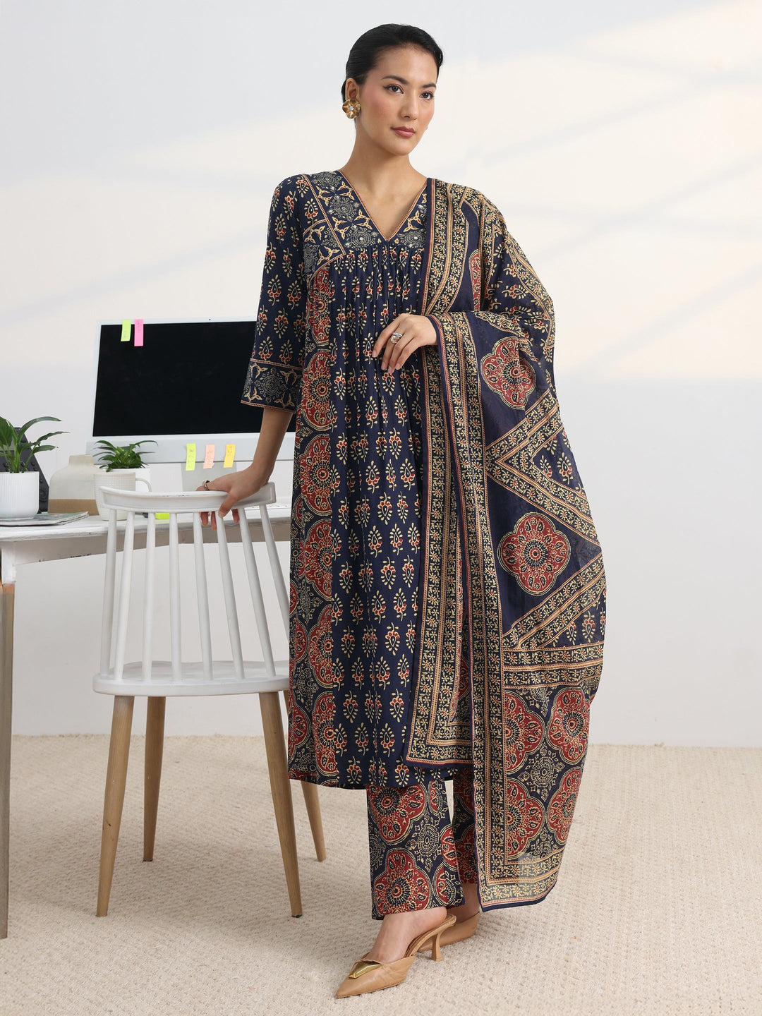Blue Printed Cotton Blend A-Line Suit Set With Dupatta