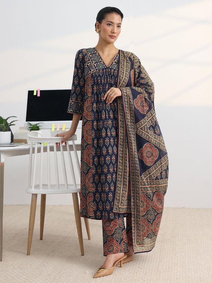 Blue Printed Cotton Blend A-Line Suit Set With Dupatta