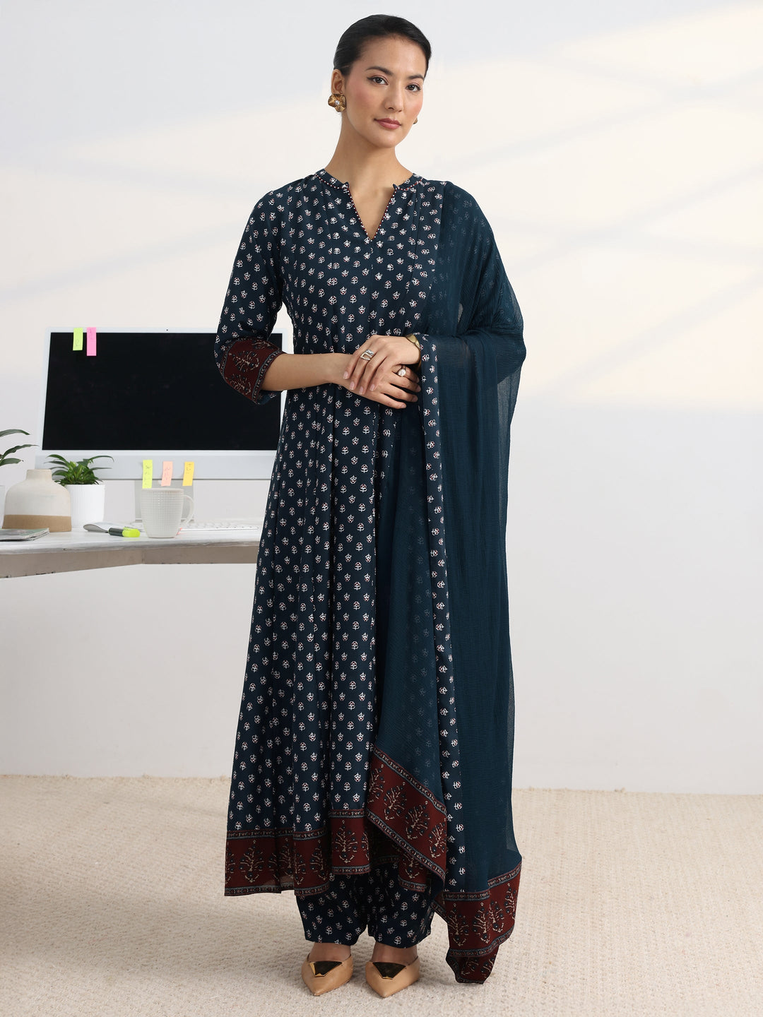 Blue Floral Printed Cotton Blend A-Line Suit Set With Dupatta