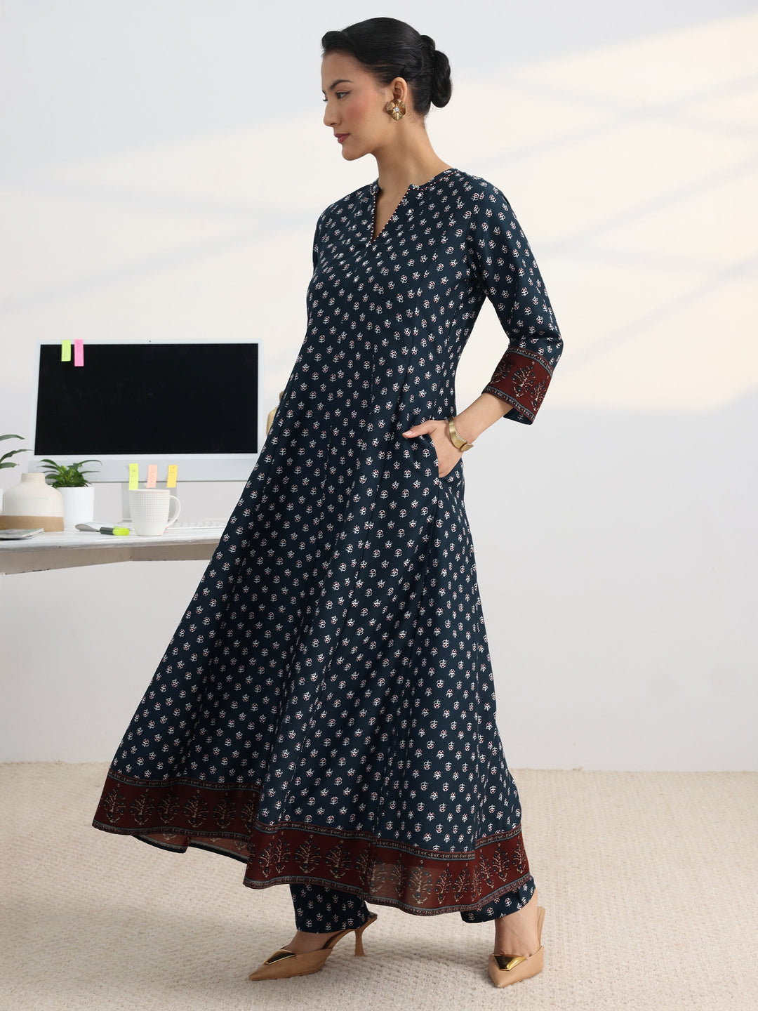 Blue Floral Printed Cotton Blend A-Line Suit Set With Dupatta