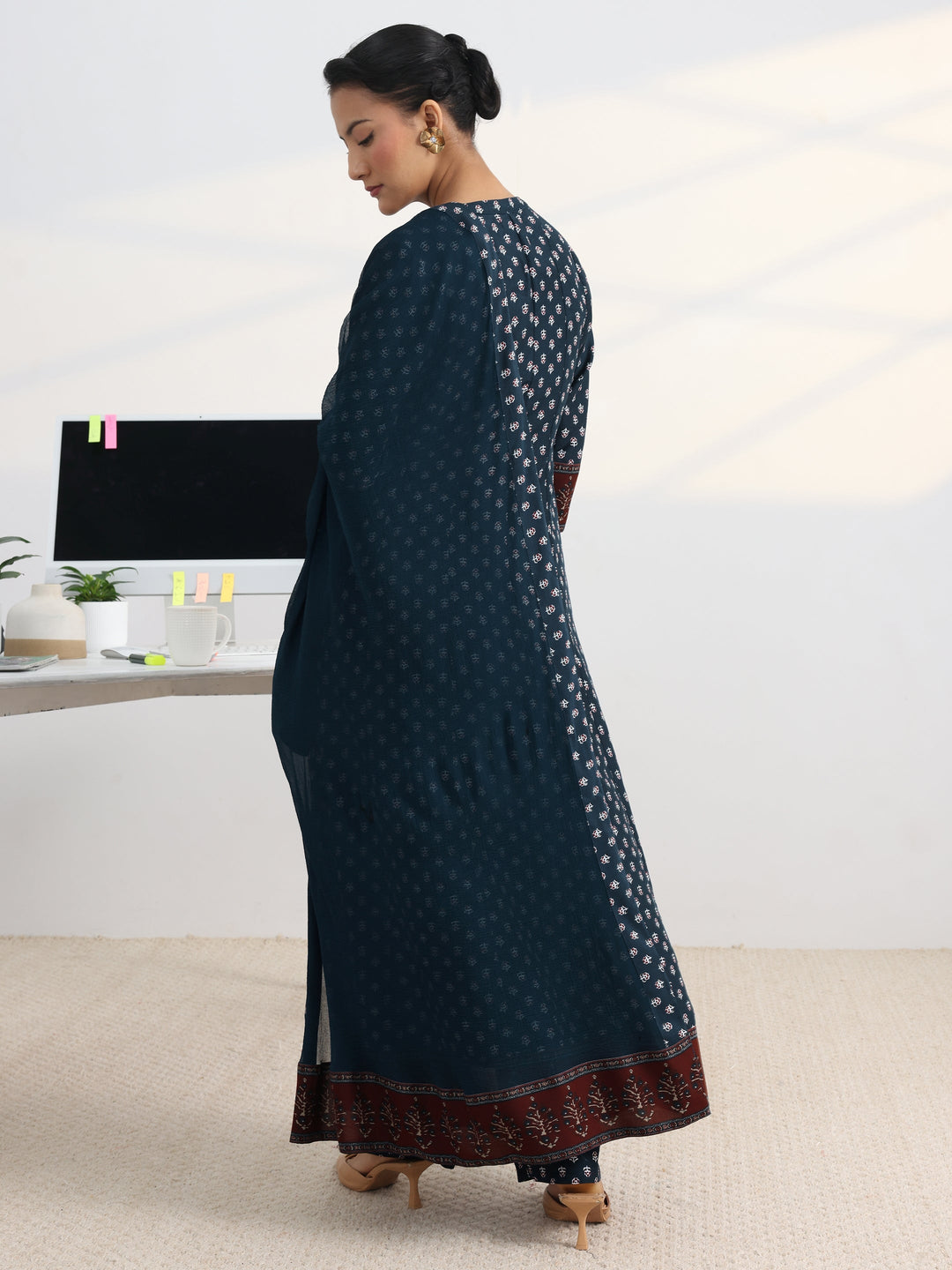Blue Floral Printed Cotton Blend A-Line Suit Set With Dupatta