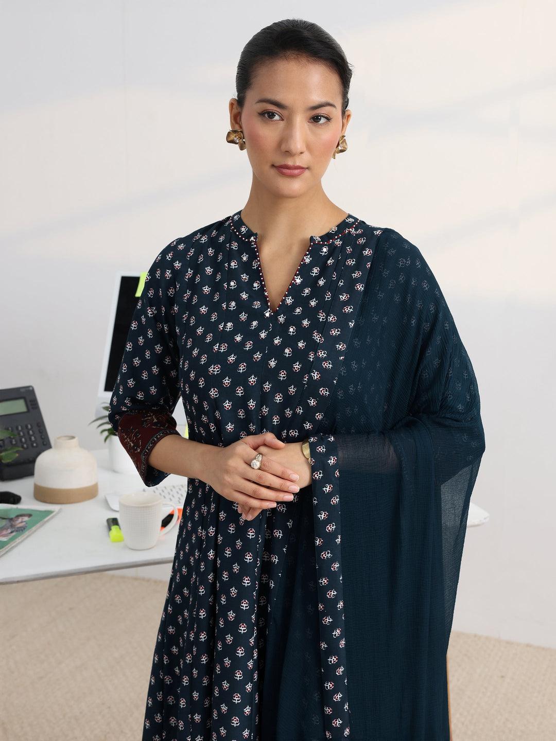 Blue Floral Printed Cotton Blend A-Line Suit Set With Dupatta
