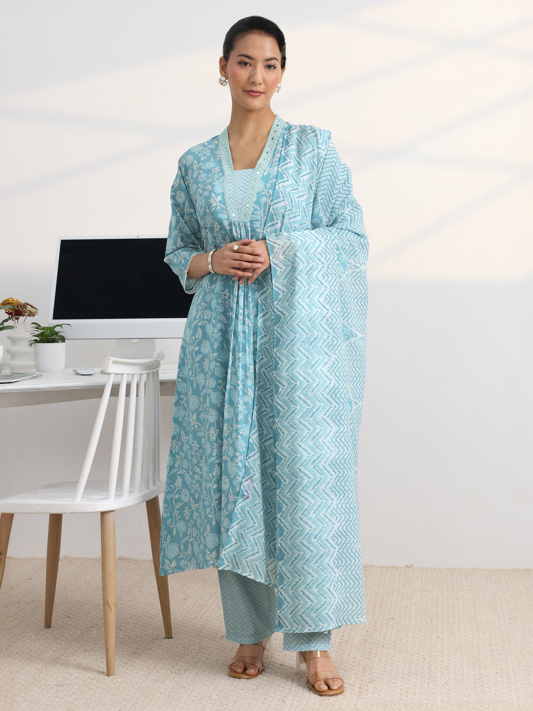 Blue Floral Printed Cotton Blend A-Line Suit Set With Dupatta