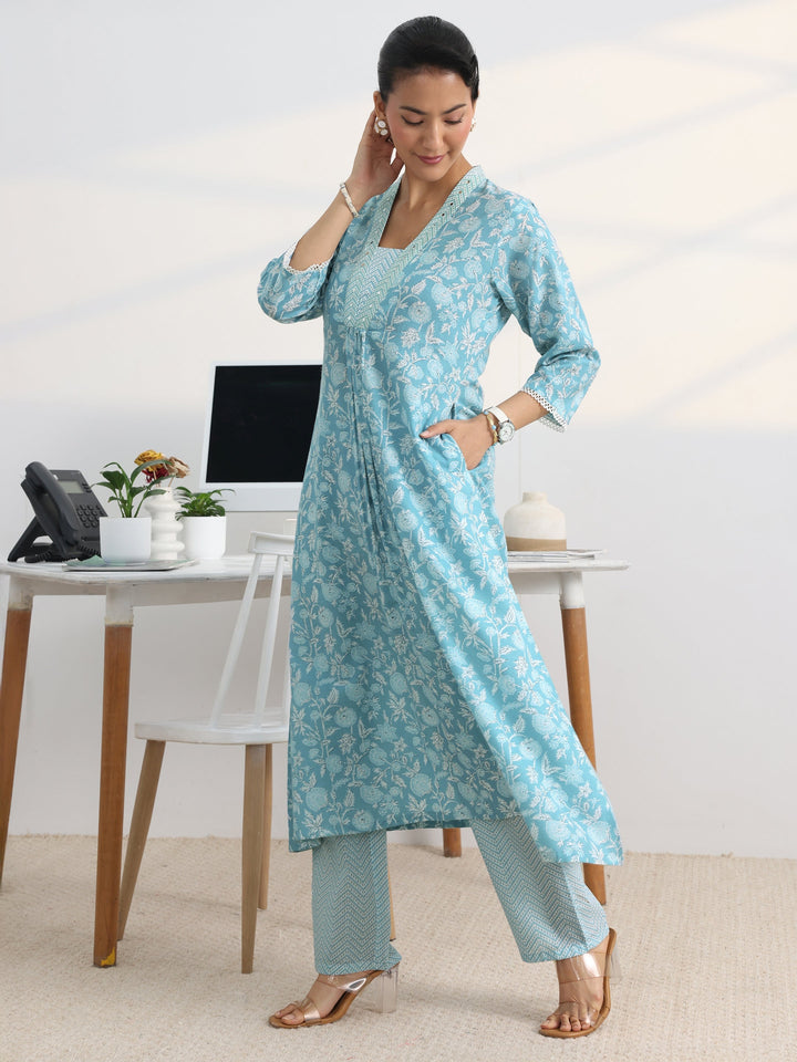 Blue Floral Printed Cotton Blend A-Line Suit Set With Dupatta