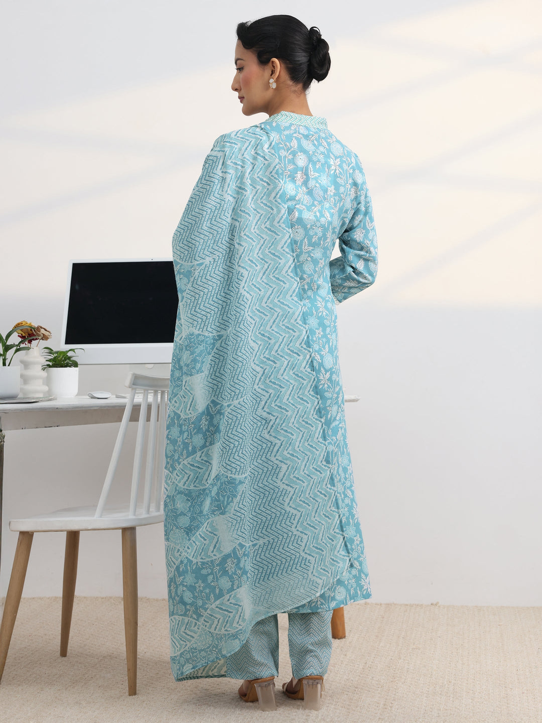 Blue Floral Printed Cotton Blend A-Line Suit Set With Dupatta