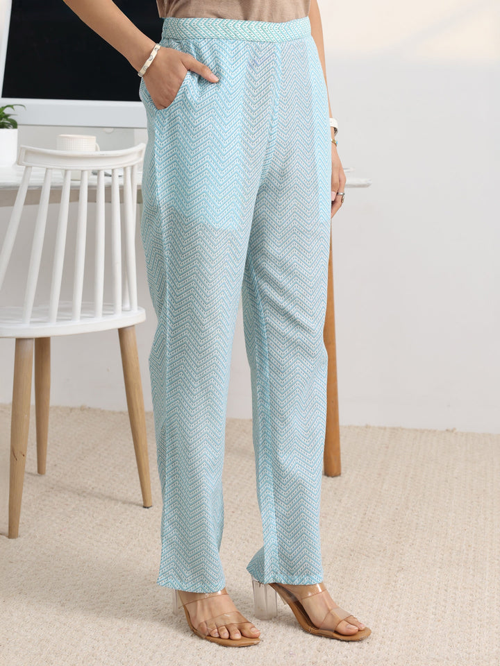 Blue Floral Printed Cotton Blend A-Line Suit Set With Dupatta