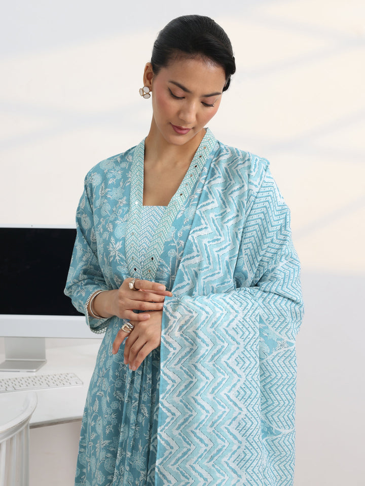 Blue Floral Printed Cotton Blend A-Line Suit Set With Dupatta