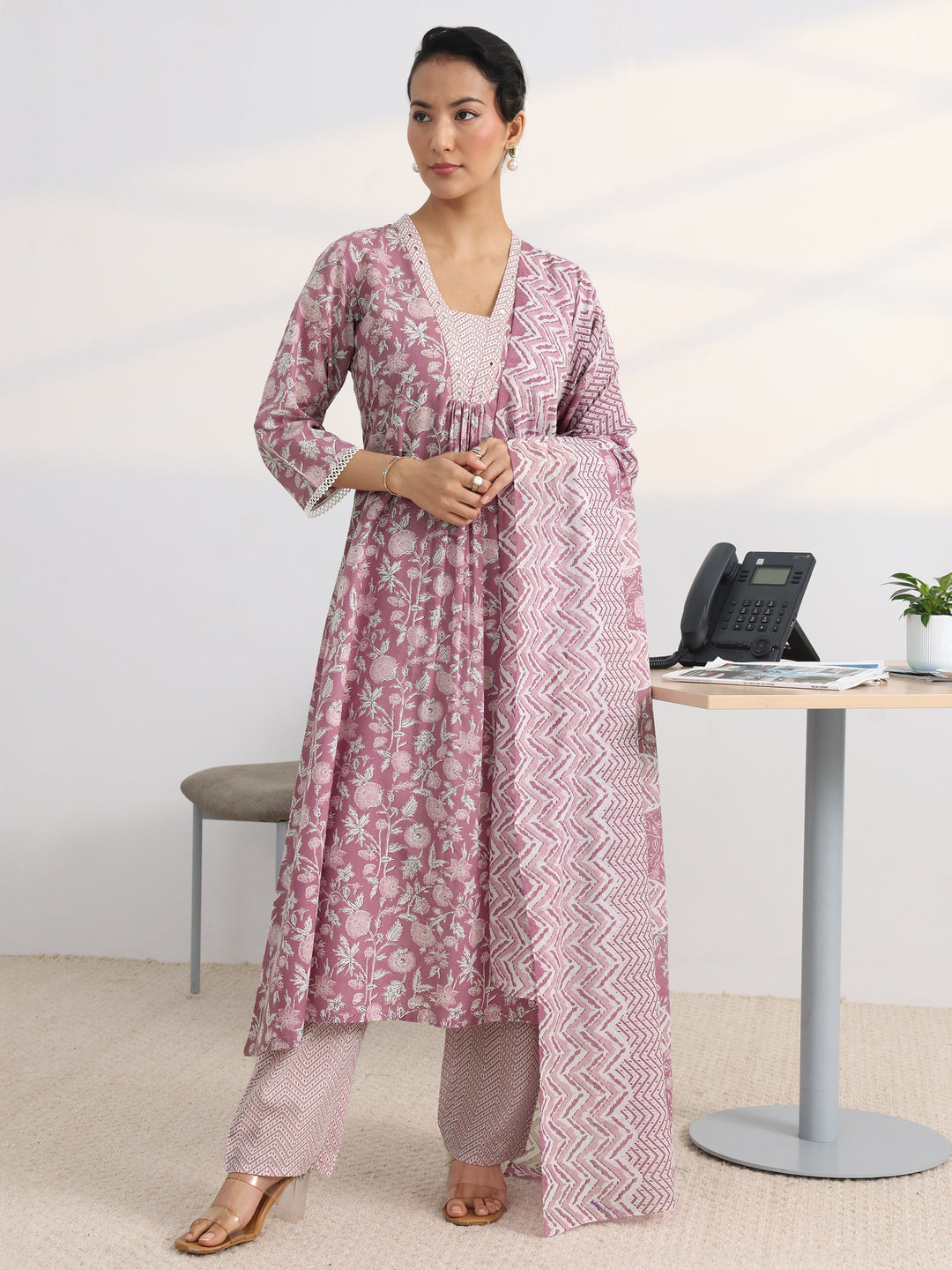 Pink Floral Printed Cotton Blend A-Line Suit Set With Dupatta