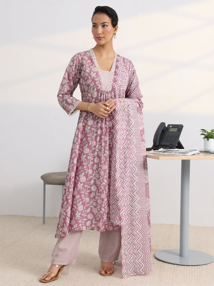 Pink Floral Printed Cotton Blend A-Line Suit Set With Dupatta