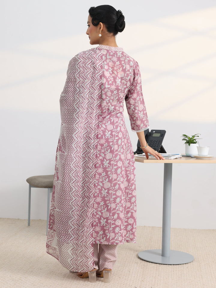 Pink Floral Printed Cotton Blend A-Line Suit Set With Dupatta
