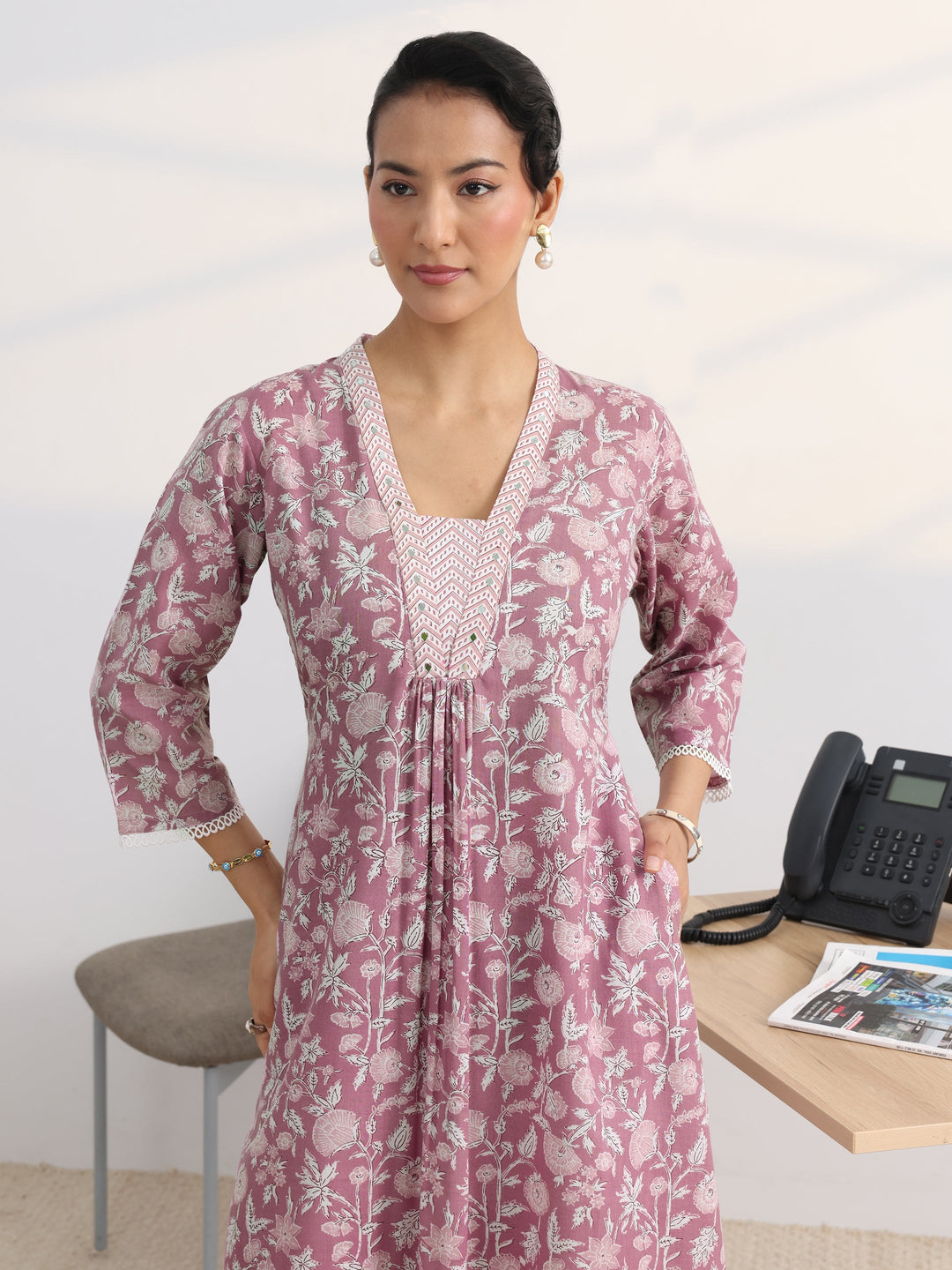 Pink Floral Printed Cotton Blend A-Line Suit Set With Dupatta