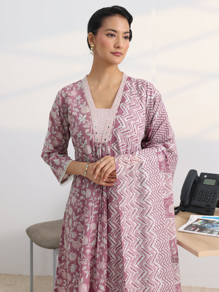 Pink Floral Printed Cotton Blend A-Line Suit Set With Dupatta