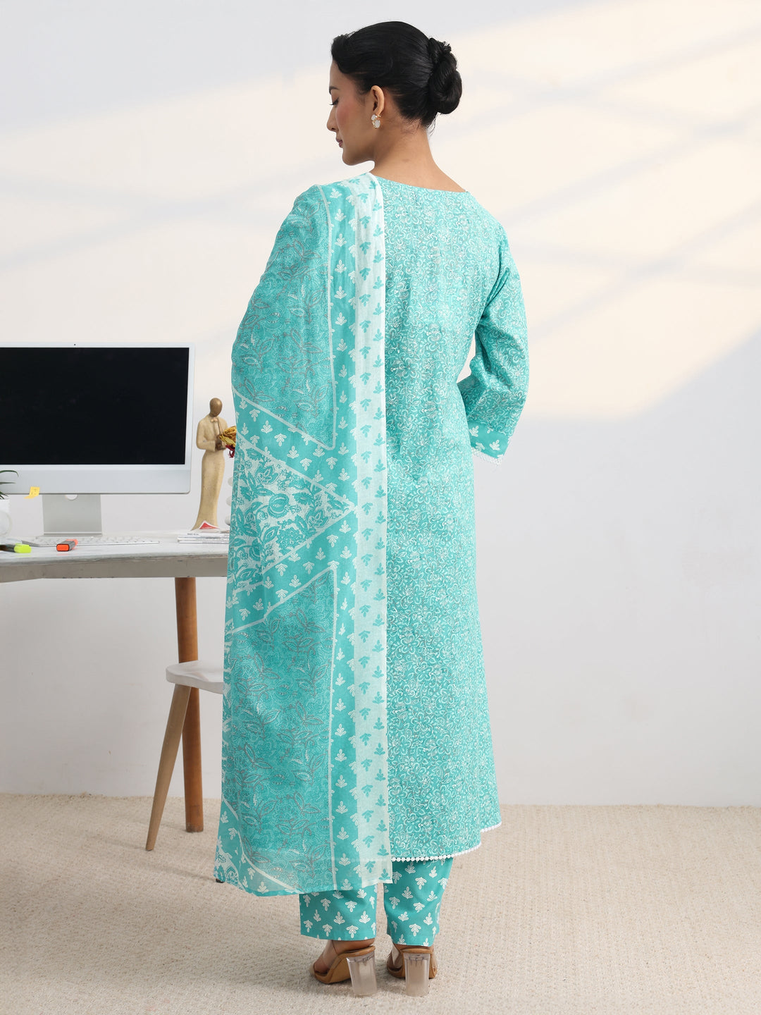 Blue Floral Printed Cotton Blend A-Line Suit Set With Dupatta