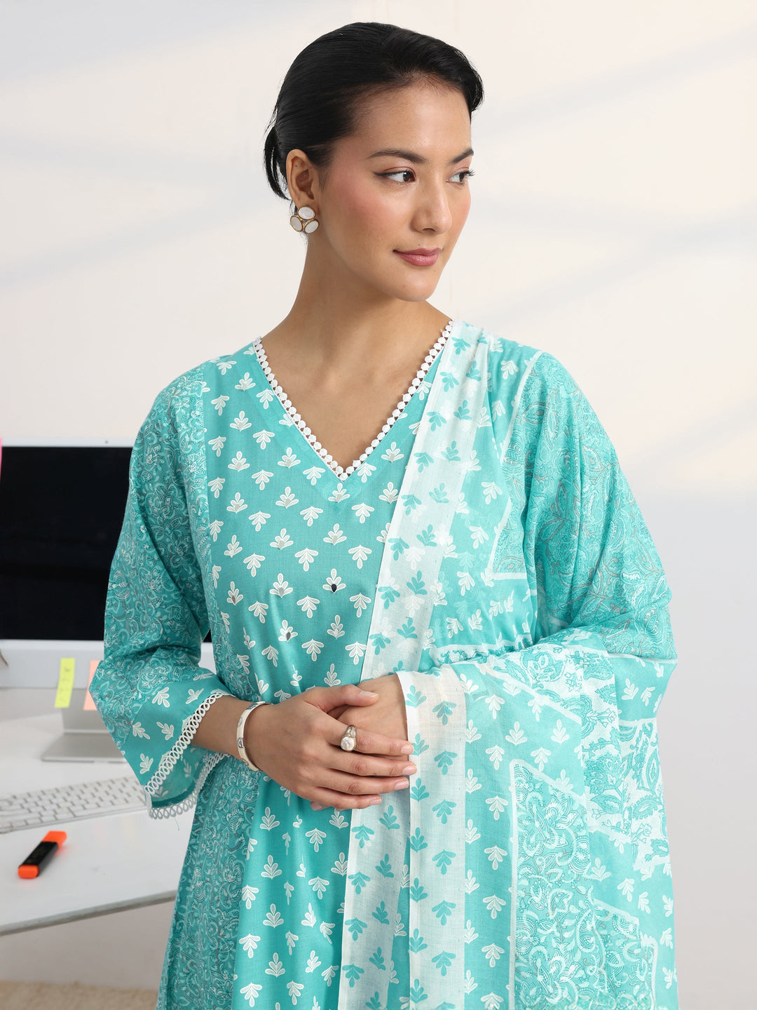 Blue Floral Printed Cotton Blend A-Line Suit Set With Dupatta