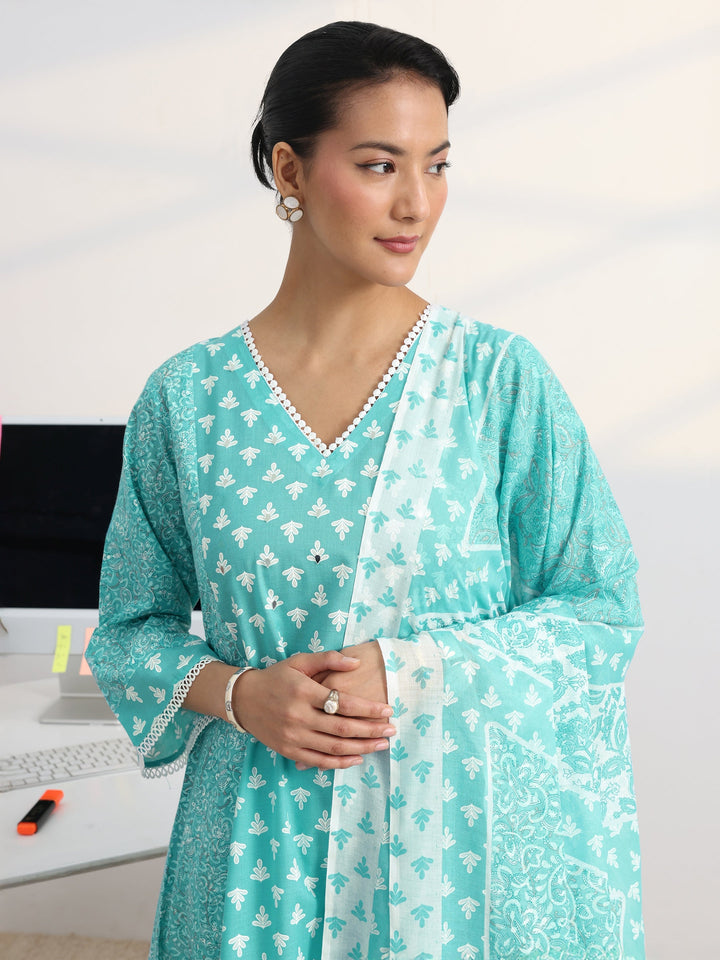 Blue Floral Printed Cotton Blend A-Line Suit Set With Dupatta