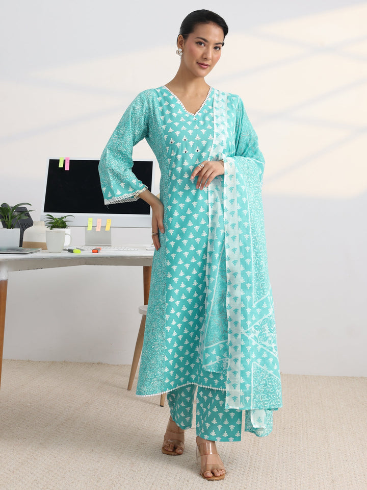 Blue Floral Printed Cotton Blend A-Line Suit Set With Dupatta