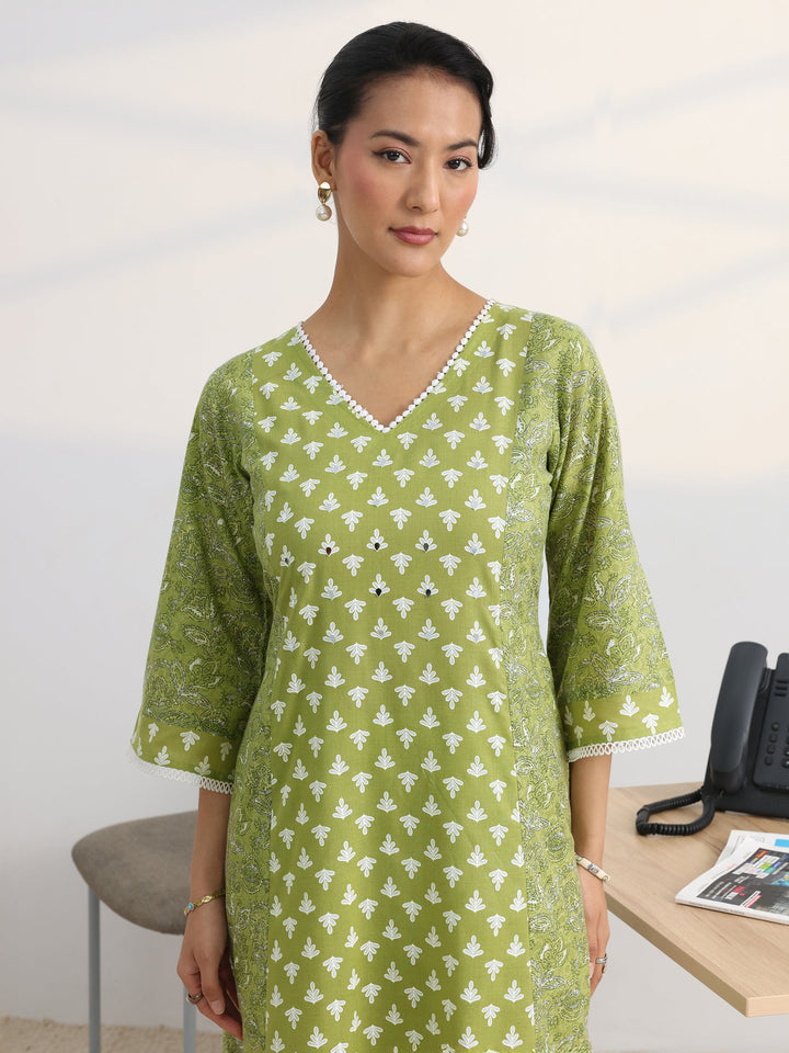 Green Floral Printed Cotton Blend A-Line Suit Set With Dupatta