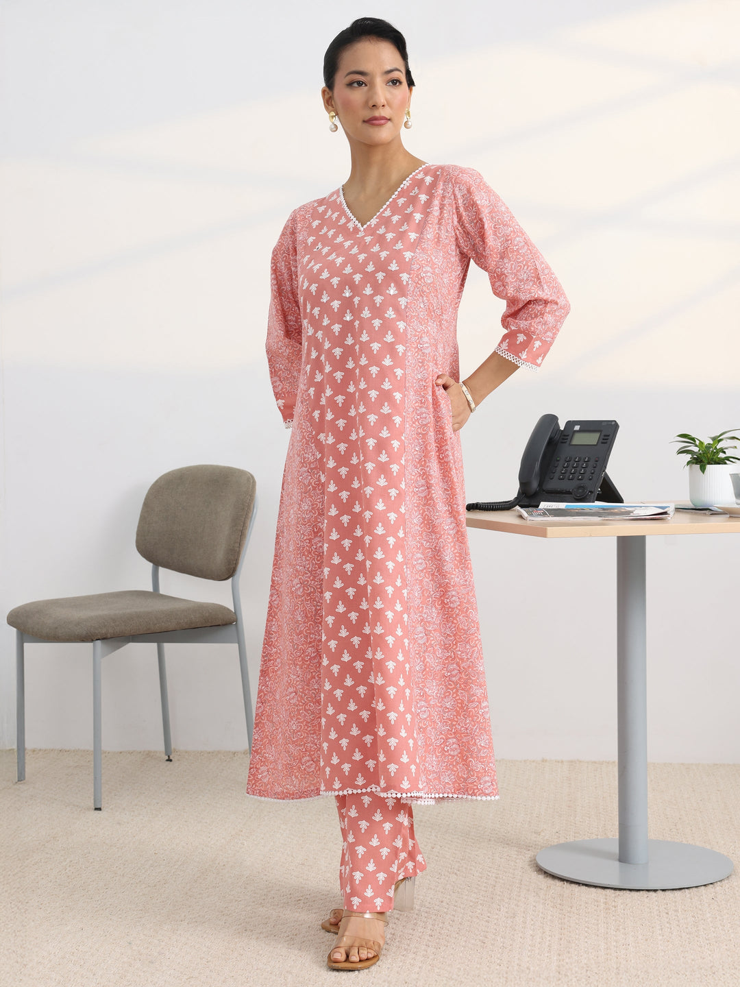 Peach Floral Printed Cotton Blend A-Line Suit Set With Dupatta