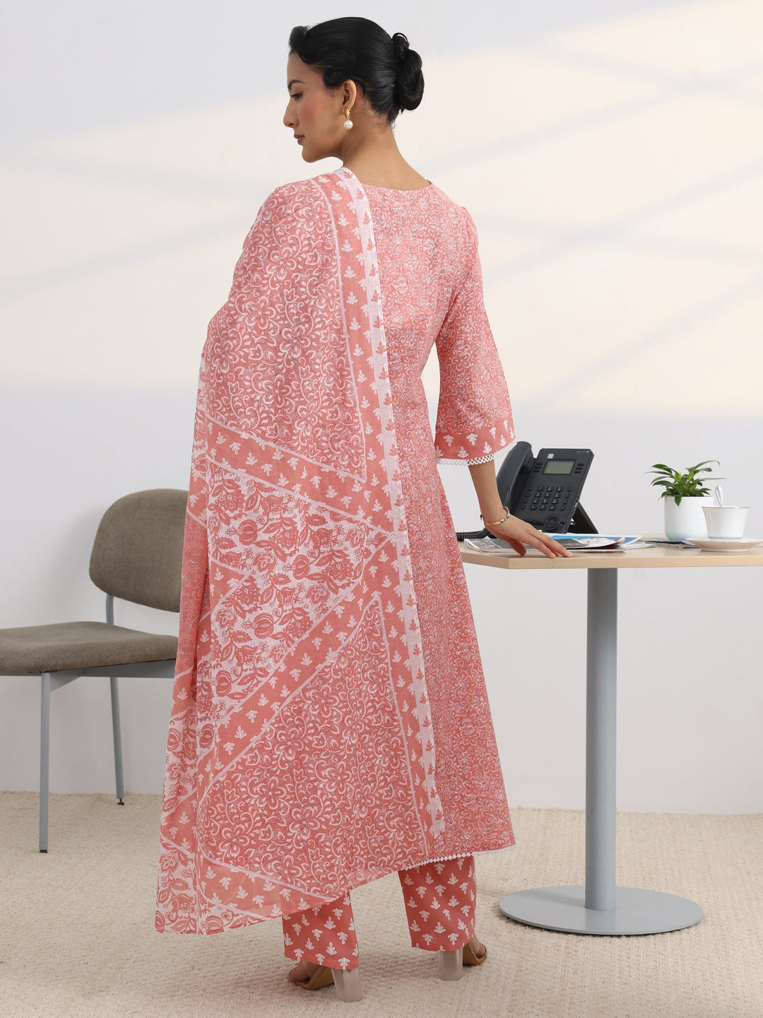 Peach Floral Printed Cotton Blend A-Line Suit Set With Dupatta