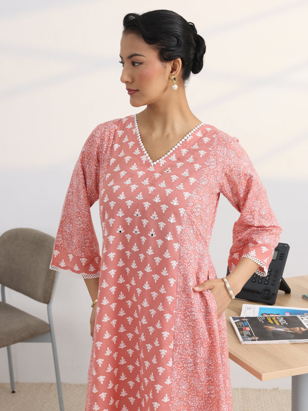 Peach Floral Printed Cotton Blend A-Line Suit Set With Dupatta