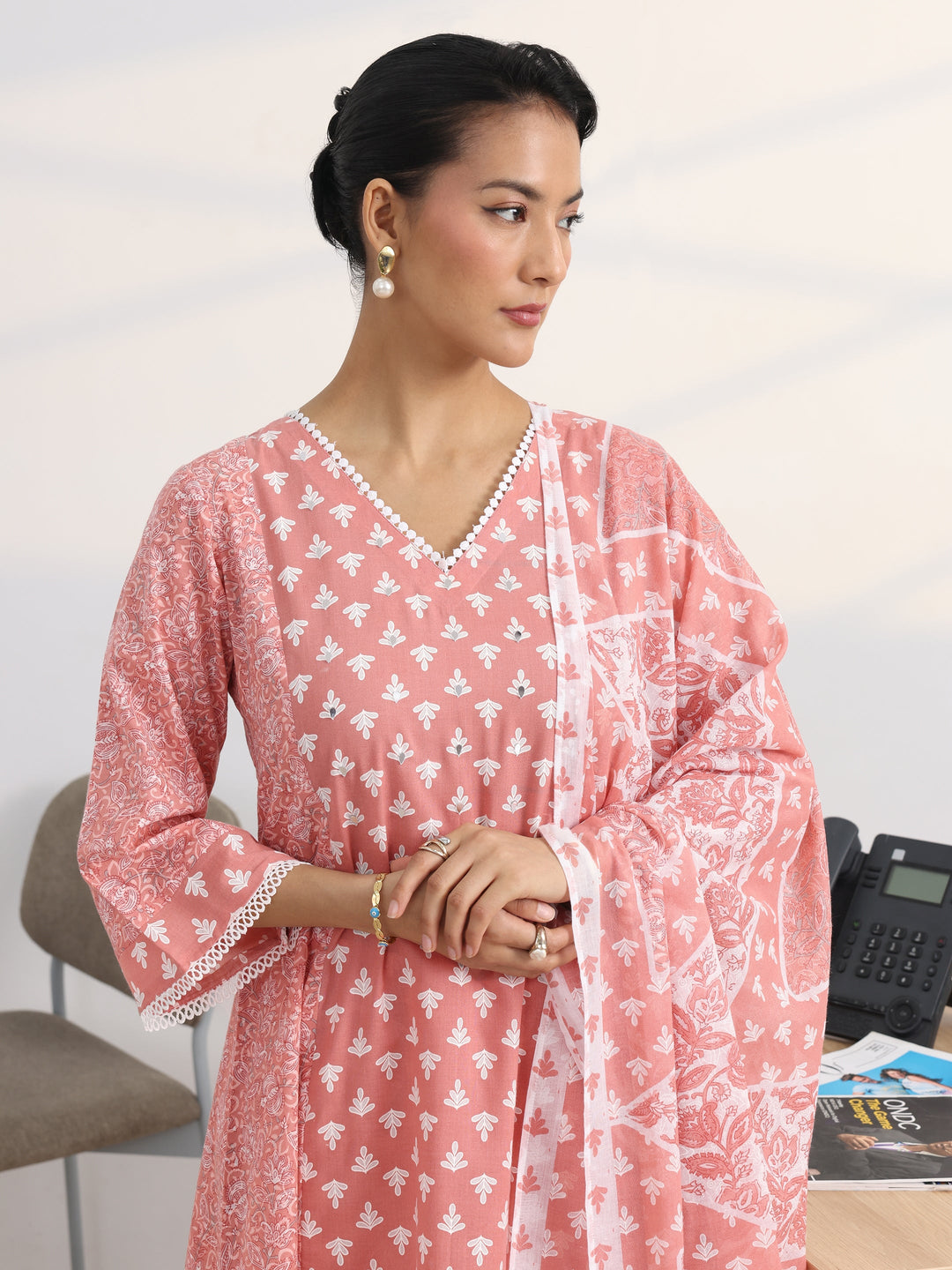 Peach Floral Printed Cotton Blend A-Line Suit Set With Dupatta