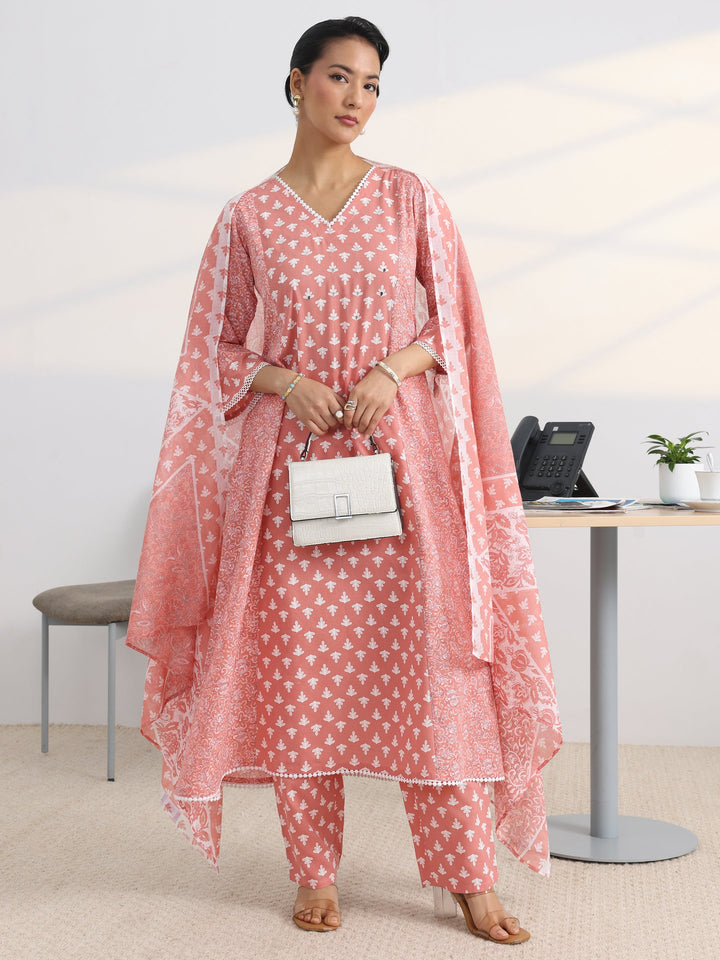 Peach Floral Printed Cotton Blend A-Line Suit Set With Dupatta