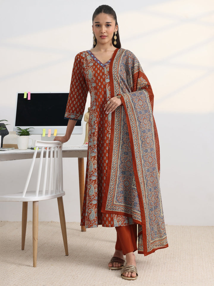 Rust Floral Printed Cotton Blend A-Line Suit Set With Dupatta