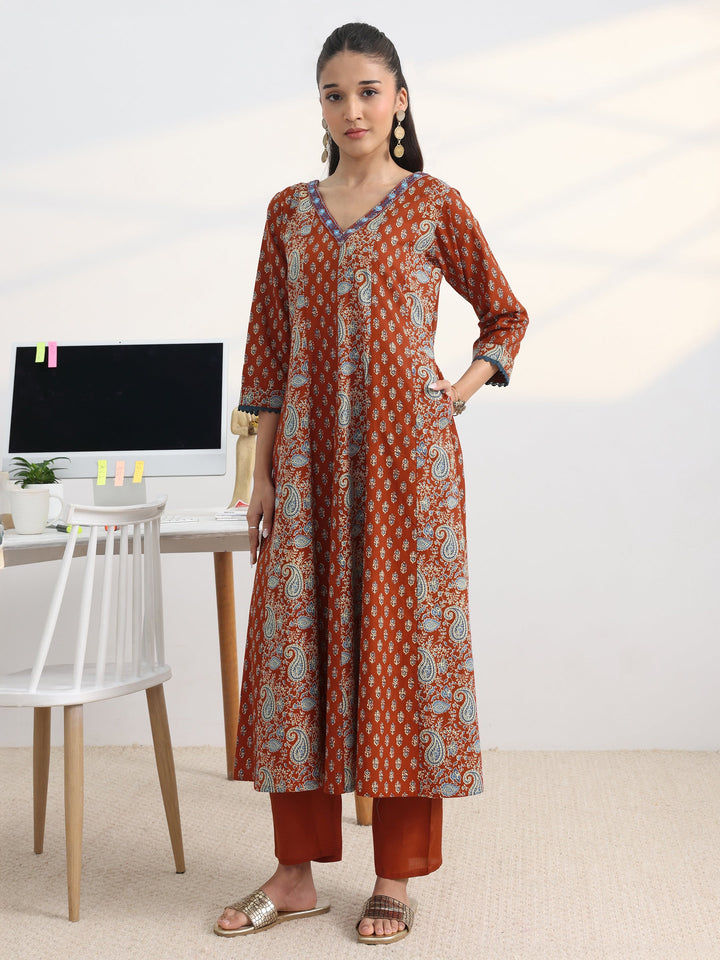 Rust Floral Printed Cotton Blend A-Line Suit Set With Dupatta