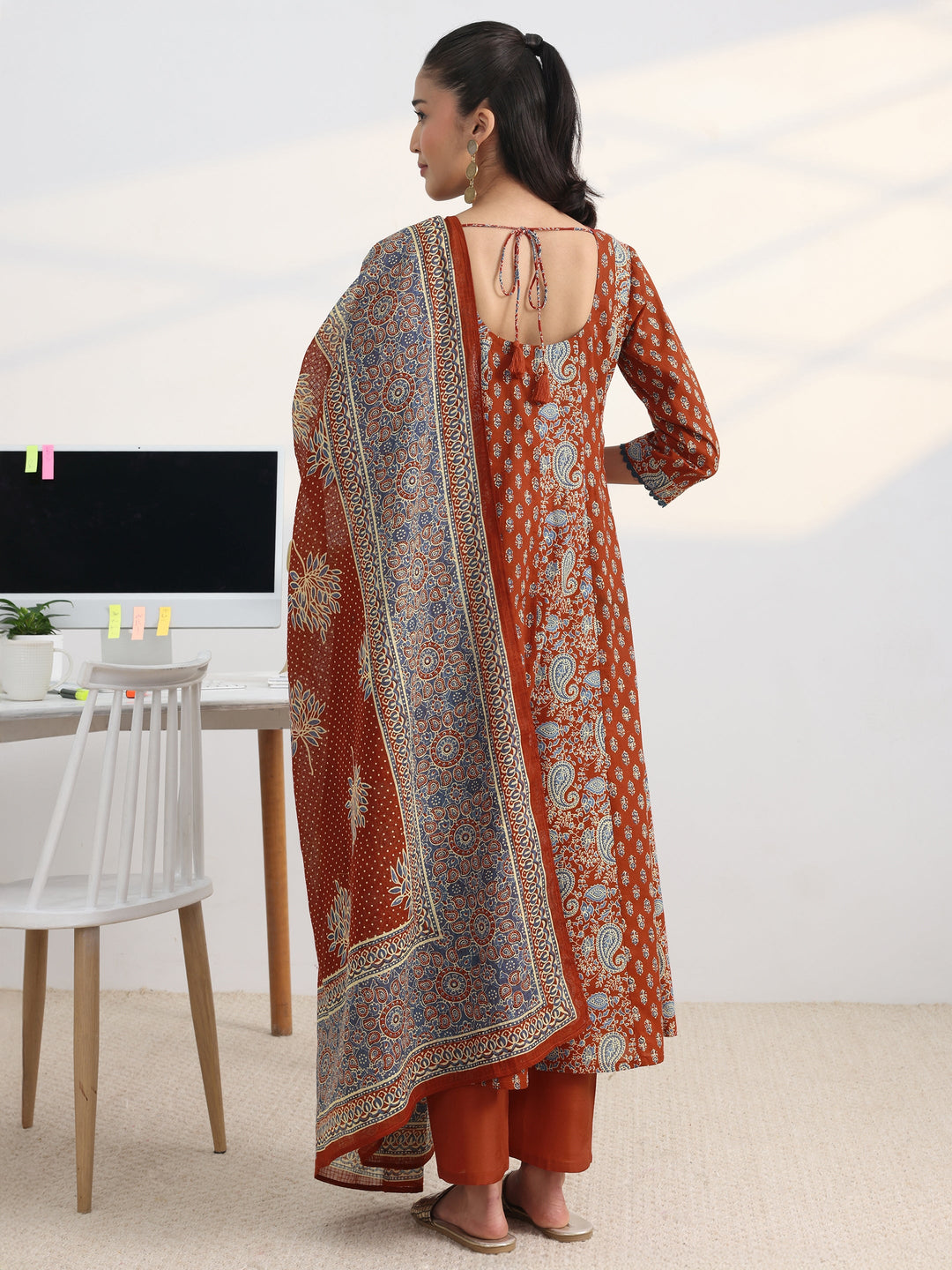 Rust Floral Printed Cotton Blend A-Line Suit Set With Dupatta