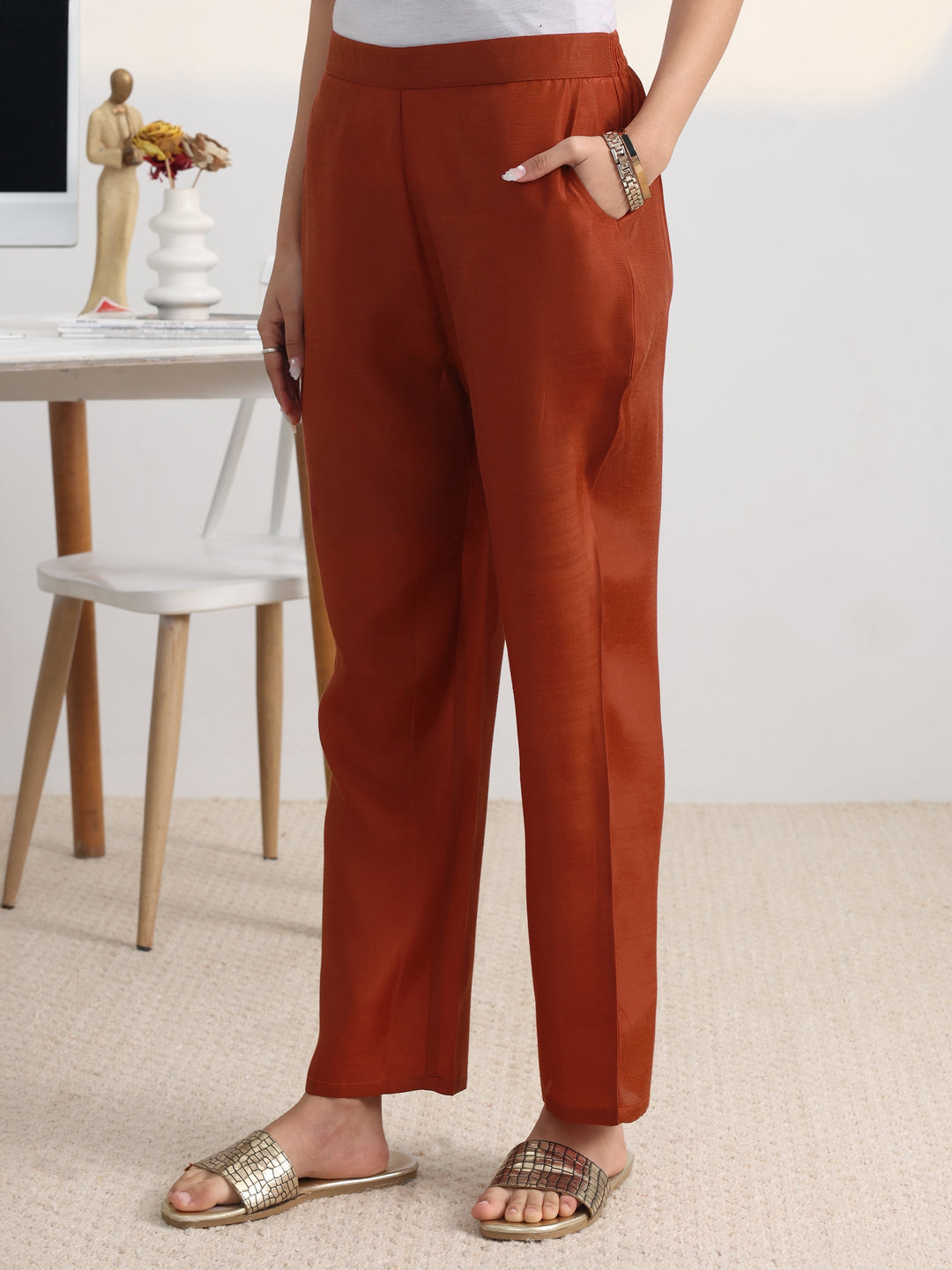 Rust Floral Printed Cotton Blend A-Line Suit Set With Dupatta