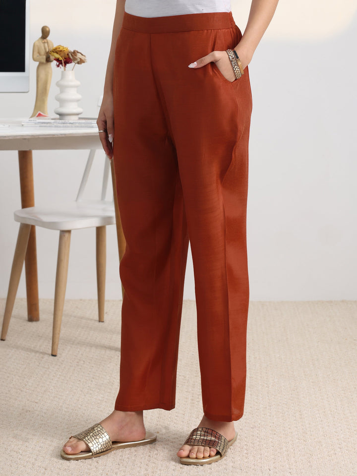 Rust Floral Printed Cotton Blend A-Line Suit Set With Dupatta