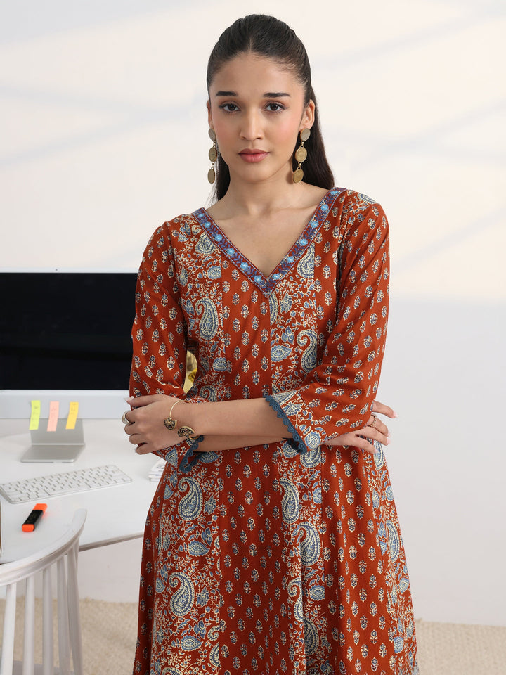 Rust Floral Printed Cotton Blend A-Line Suit Set With Dupatta