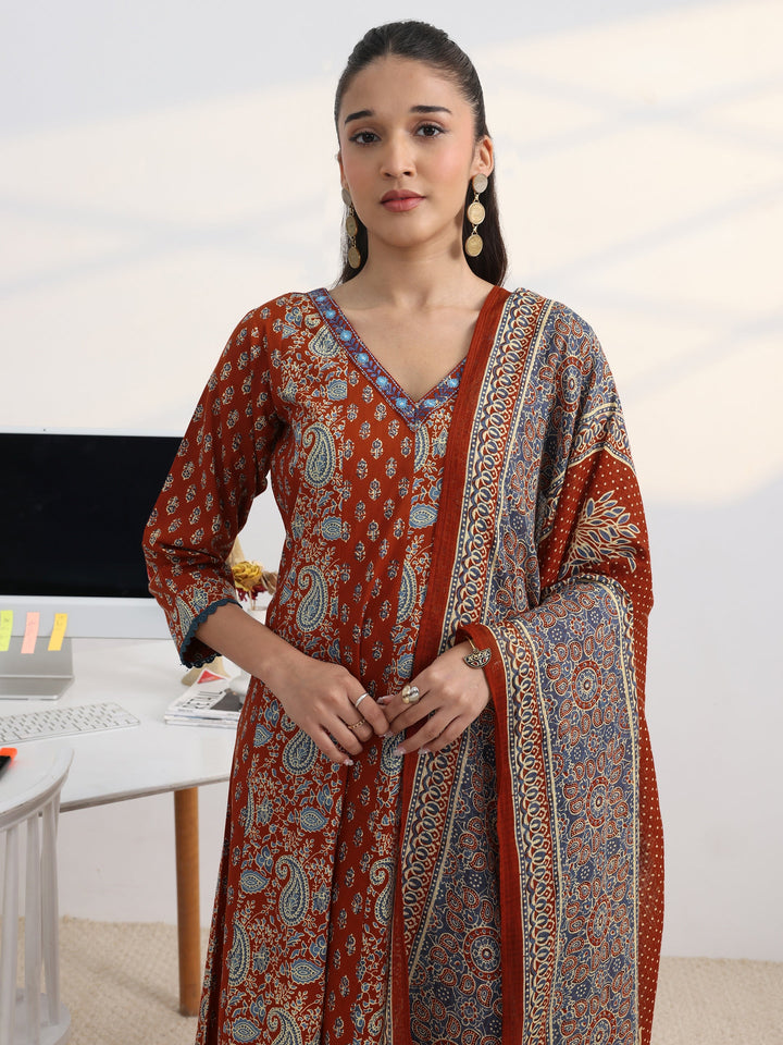 Rust Floral Printed Cotton Blend A-Line Suit Set With Dupatta