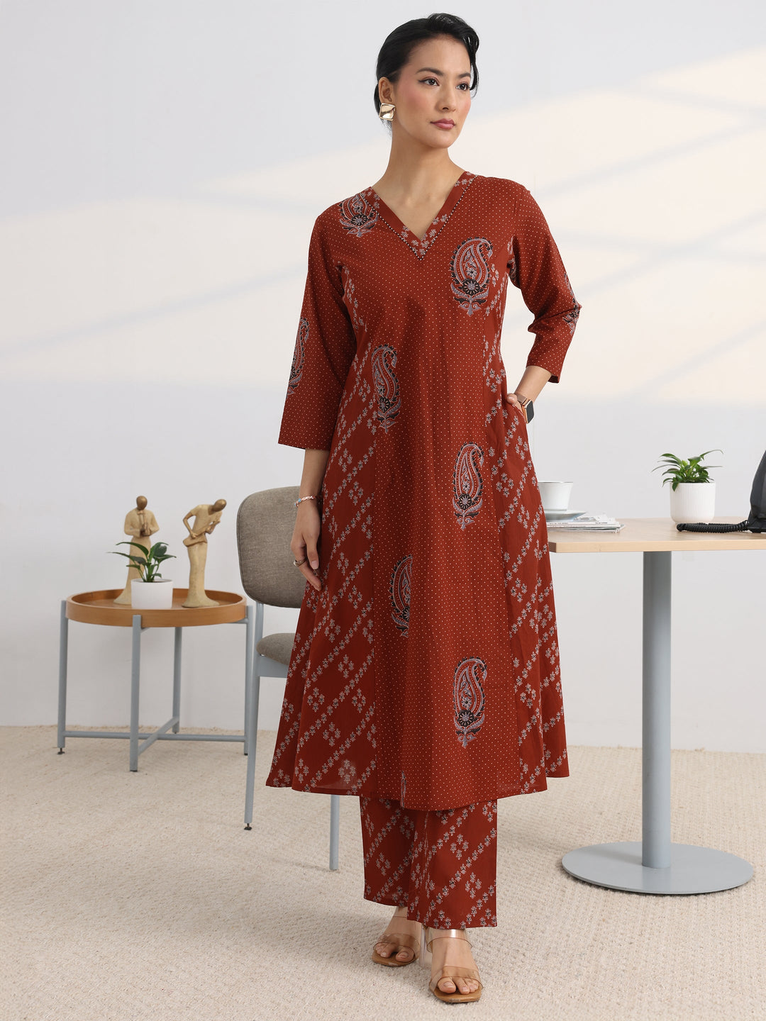 Rust Printed Cotton Blend A-Line Kurta Set
