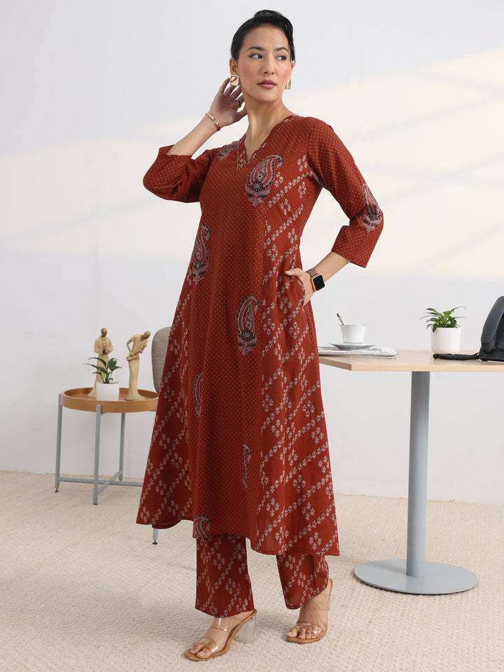 Rust Printed Cotton Blend A-Line Kurta Set