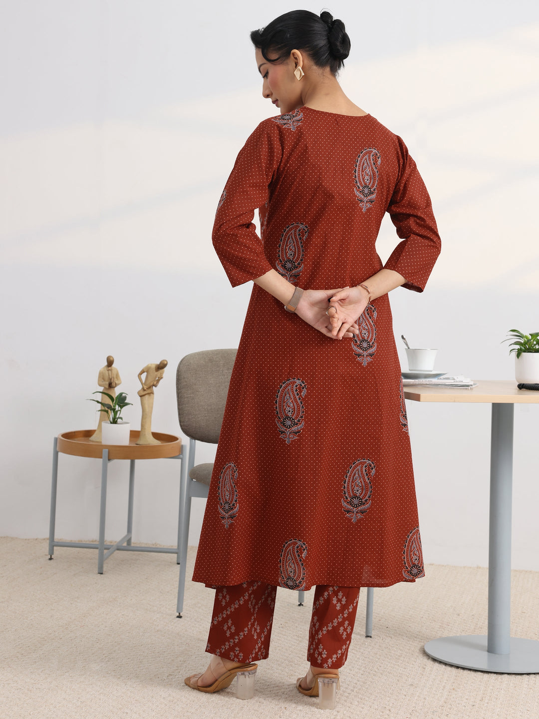 Rust Printed Cotton Blend A-Line Kurta Set