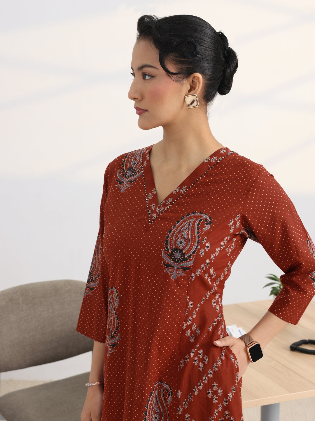 Rust Printed Cotton Blend A-Line Kurta Set