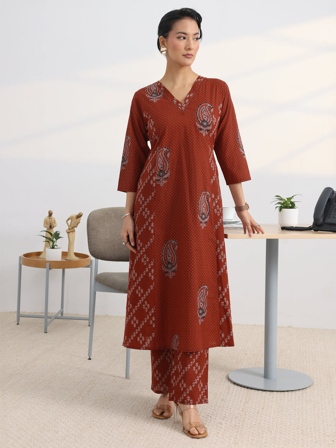 Rust Printed Cotton Blend A-Line Kurta Set